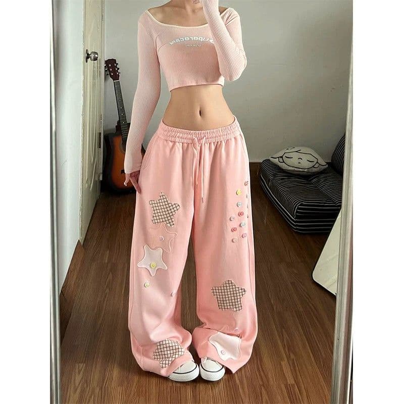 핑크색 오각형 별 패치 웨이 바지 여성 여름 배색 도파민 개성 디자인 넓은 다리 루즈핏 모통이 칼 캐주얼 바지 상세 이미지 2
