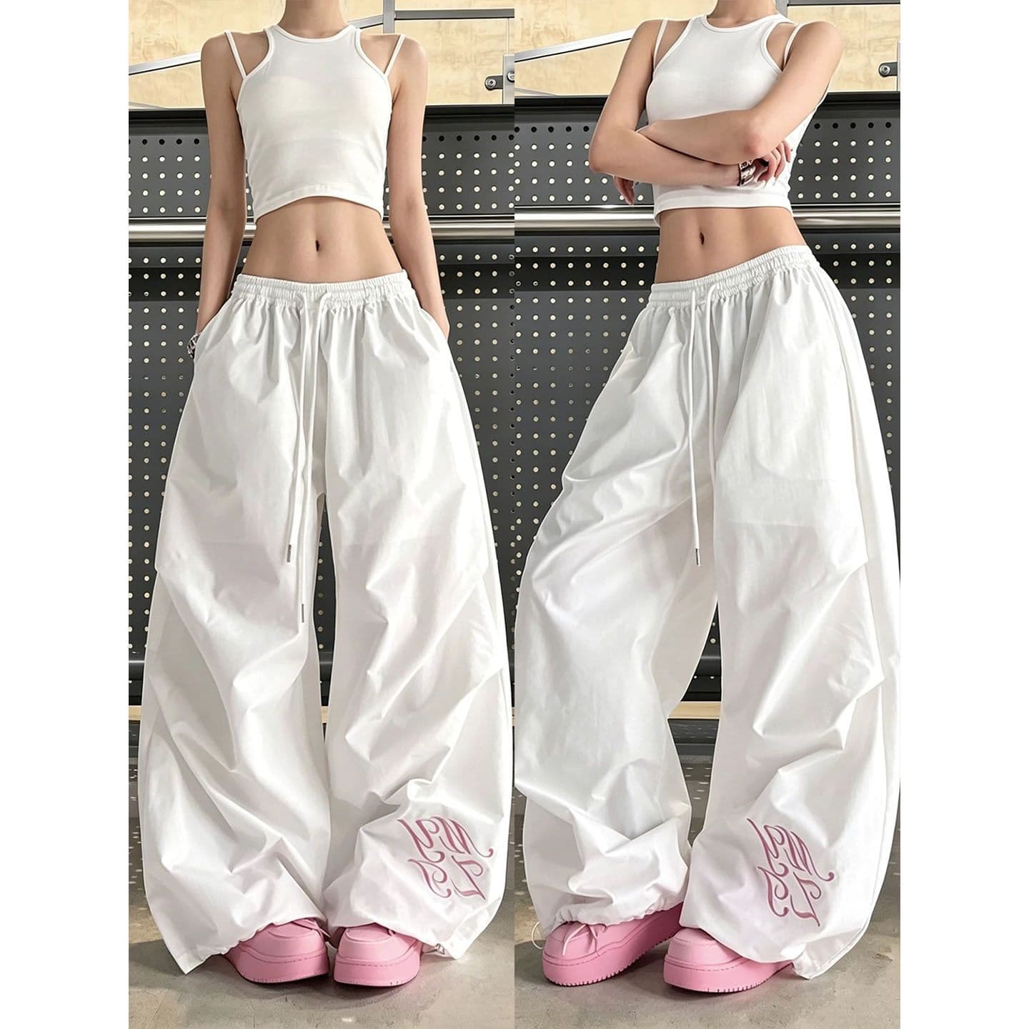 아메리칸 레트로 하이웨이스트 넓은 다리 워크웨어 팬츠 여성 루즈핏 주름 재즈 댄스 바지