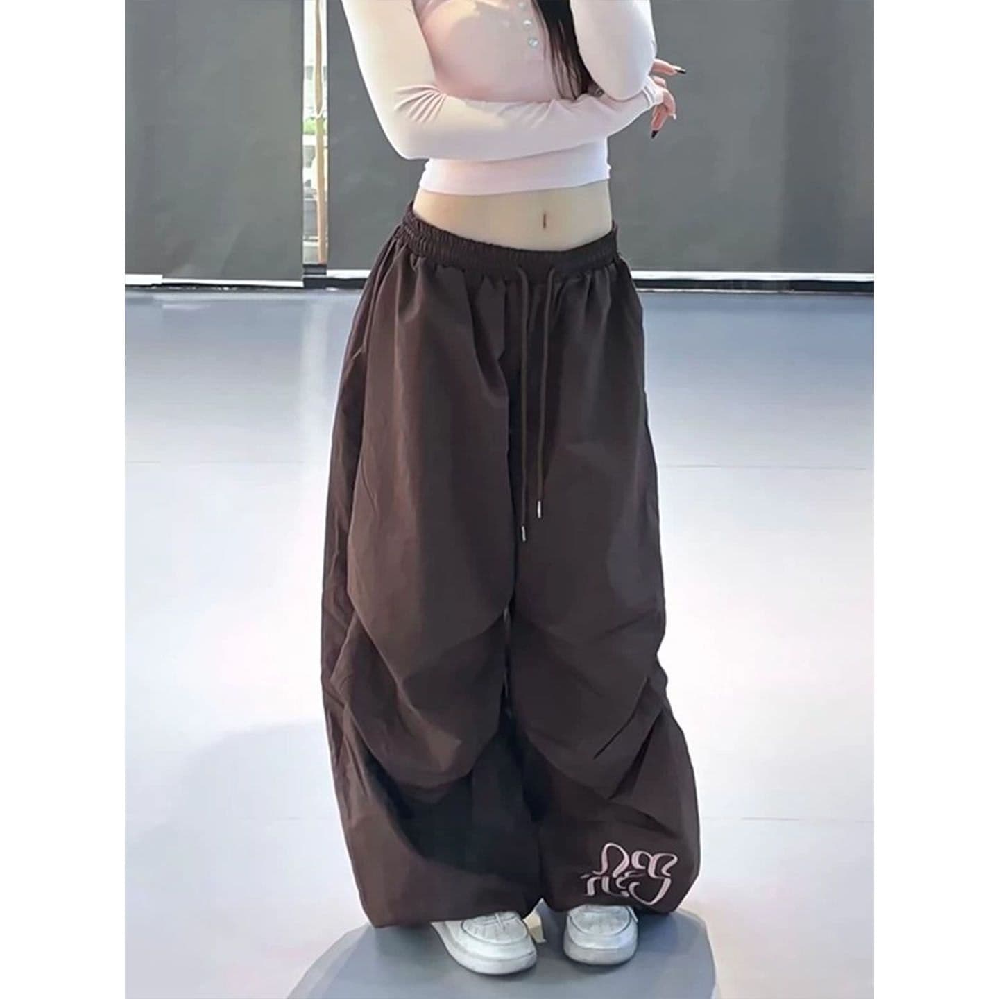 아메리칸 레트로 하이웨이스트 넓은 다리 워크웨어 팬츠 여성 루즈핏 주름 재즈 댄스 바지 상세 이미지 3