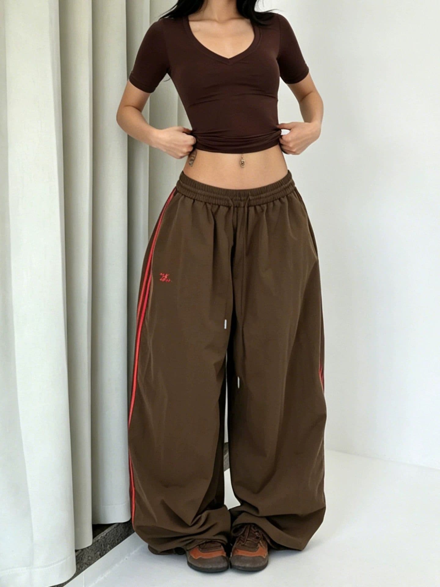 아메리칸 브라운 스트라이프 속도 건조한 운동 바지 여성 여름 얇은 스타일 낙하산 병 바지 디자인 센스 jazz 재즈 댄스 바닥 청소 바지 이미지 3