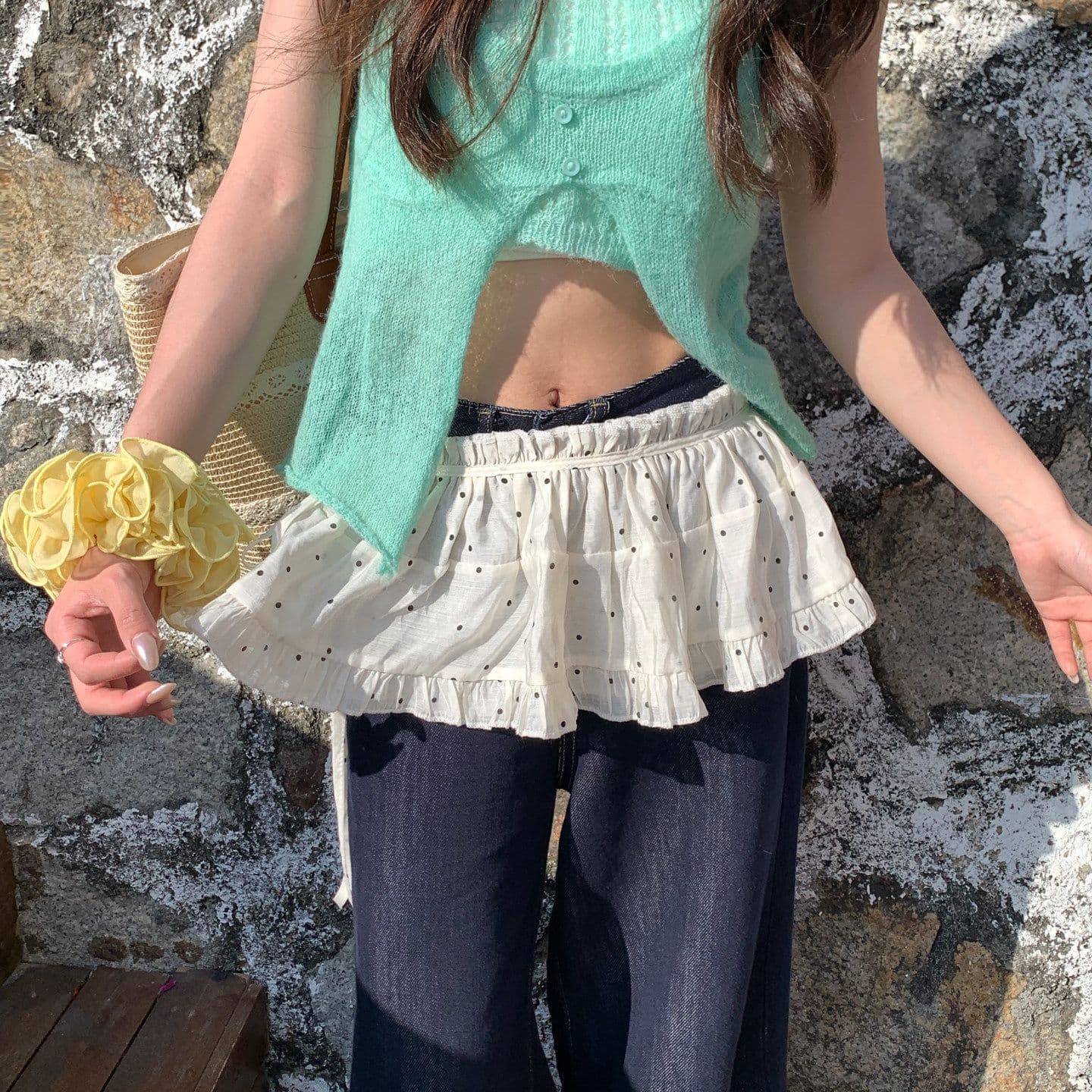 크림 바람 도트 무늬 랩스커트팬츠 레이스 반신 스커트 여성 사계절 섹션 케이크 드레스 수준 고급 센스 슬림해 보이는 스택 착용 앞치마 이미지 2