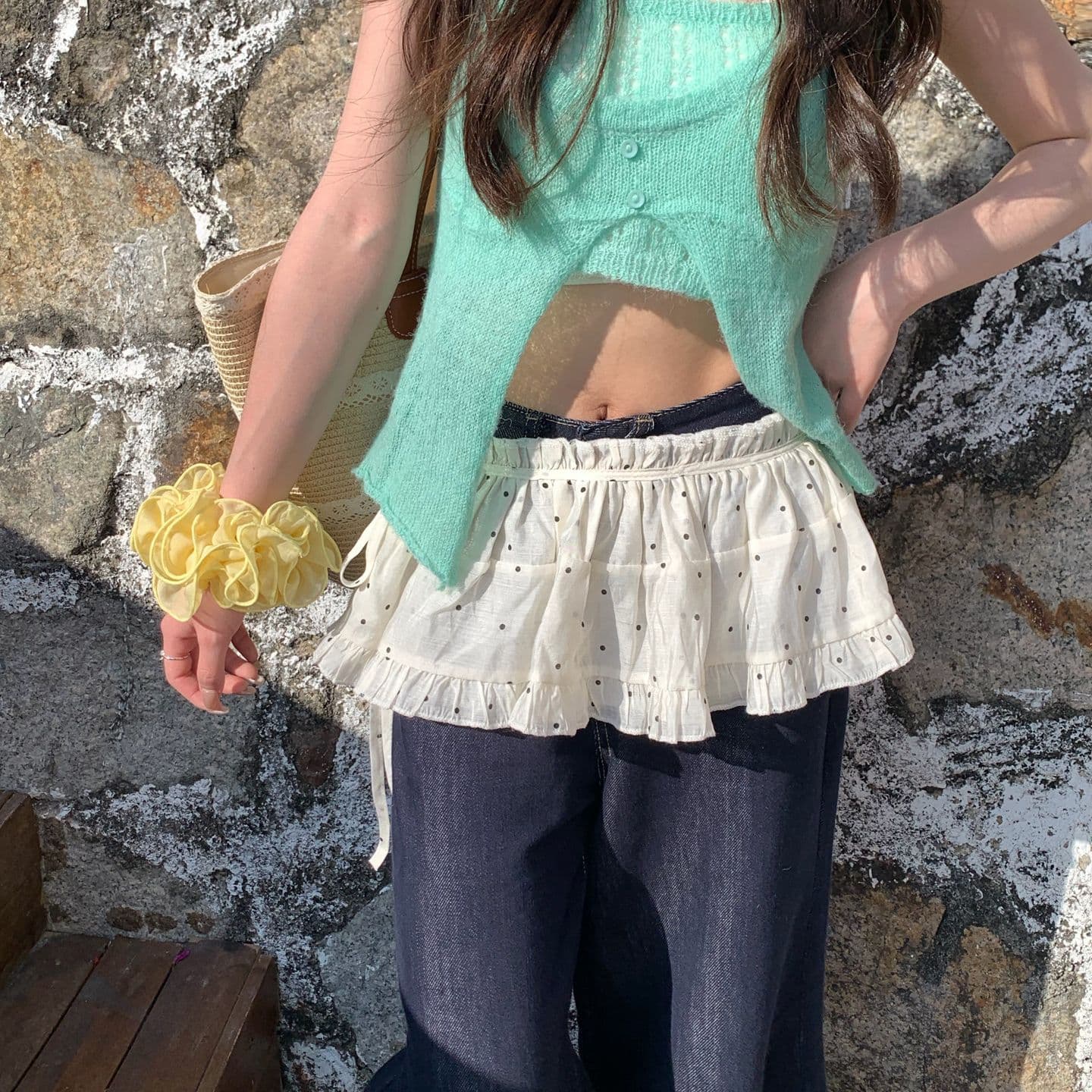 크림 바람 도트 무늬 랩스커트팬츠 레이스 반신 스커트 여성 사계절 섹션 케이크 드레스 수준 고급 센스 슬림해 보이는 스택 착용 앞치마 이미지 5