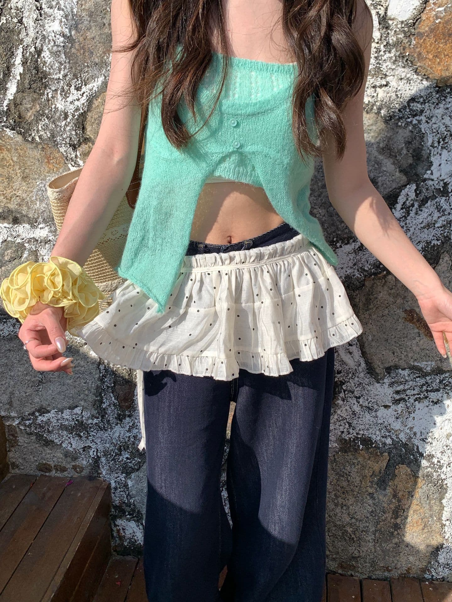 크림 바람 도트 무늬 랩스커트팬츠 레이스 반신 스커트 여성 사계절 섹션 케이크 드레스 수준 고급 센스 슬림해 보이는 스택 착용 앞치마 상세 이미지 3