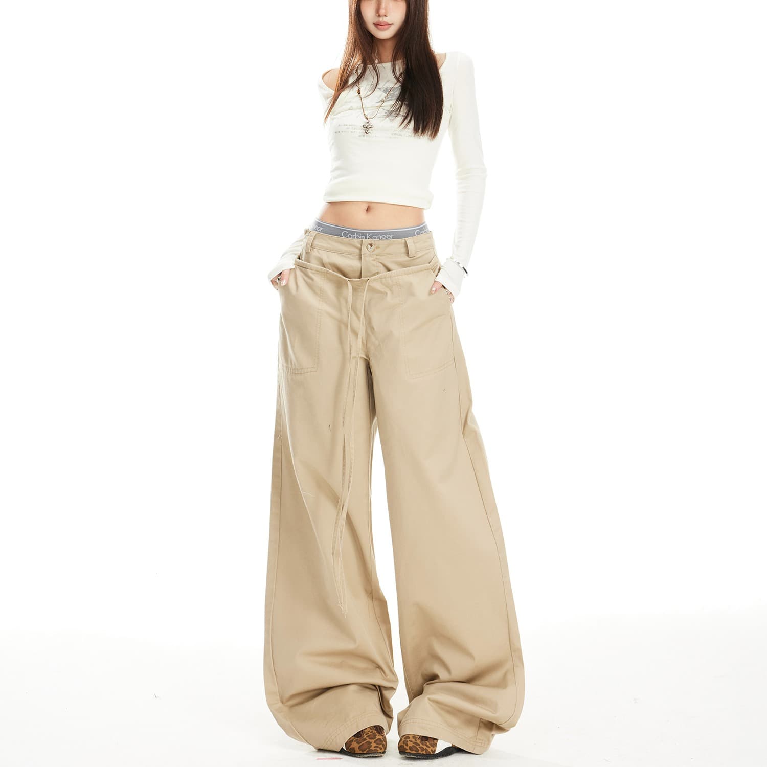 아메리칸 레트로 더블 허리 머리 패치워크 디자인 센스 캐주얼 바지 남녀 여름 새로운 루즈핏 단색 캐주얼 와이드 레그 팬츠