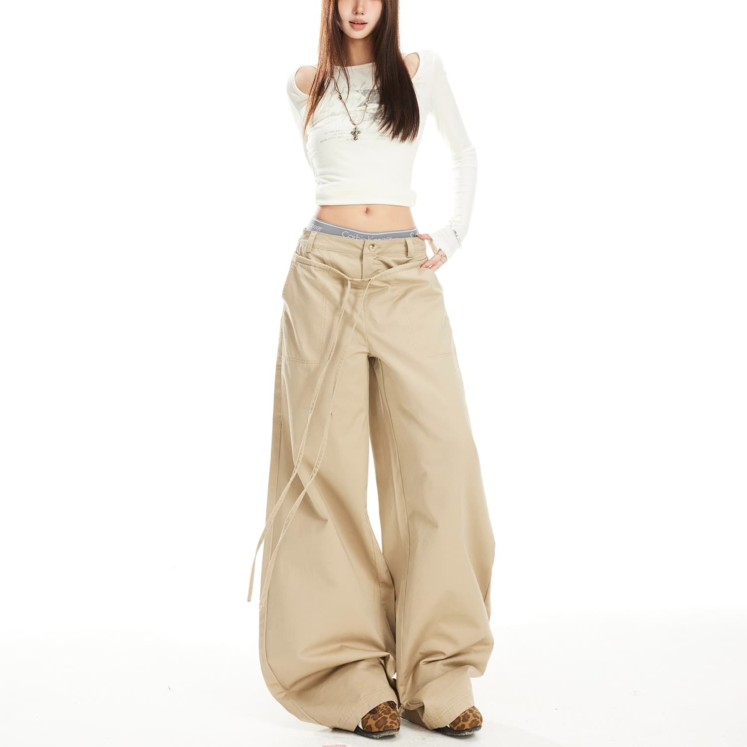 아메리칸 레트로 더블 허리 머리 패치워크 디자인 센스 캐주얼 바지 남녀 여름 새로운 루즈핏 단색 캐주얼 와이드 레그 팬츠 이미지 2