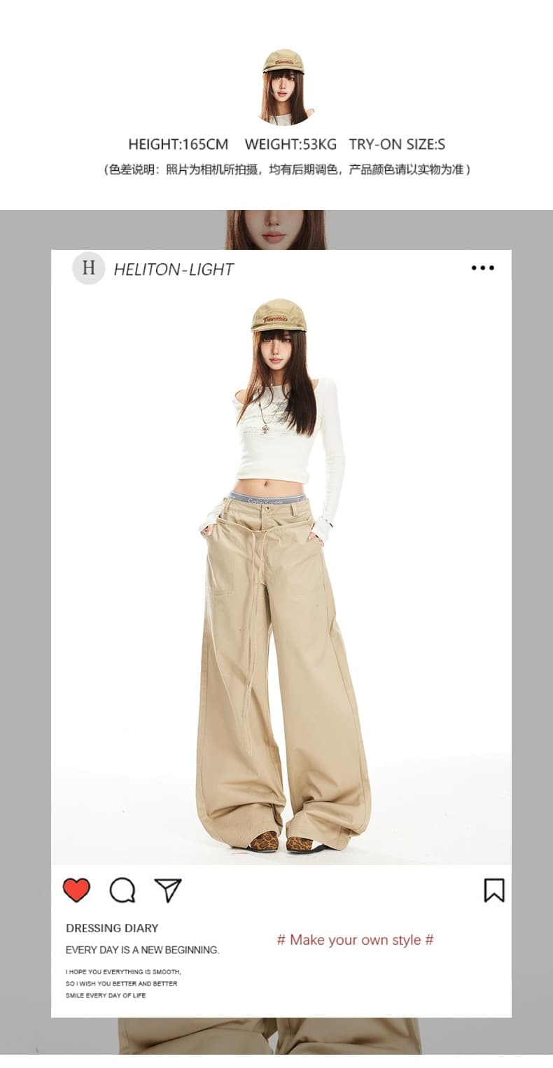 아메리칸 레트로 더블 허리 머리 패치워크 디자인 센스 캐주얼 바지 남녀 여름 새로운 루즈핏 단색 캐주얼 와이드 레그 팬츠 상세 이미지 1