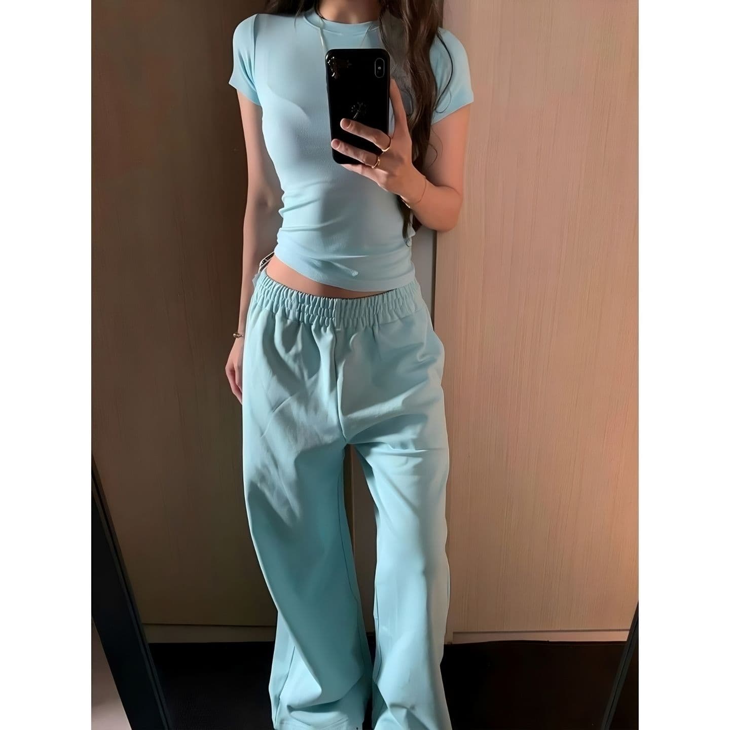 얇은 스타일 순면 복합 얼음 파란색 펌프 로프 단색 다용도 긴 바지 여름 새로운 웨이 바지