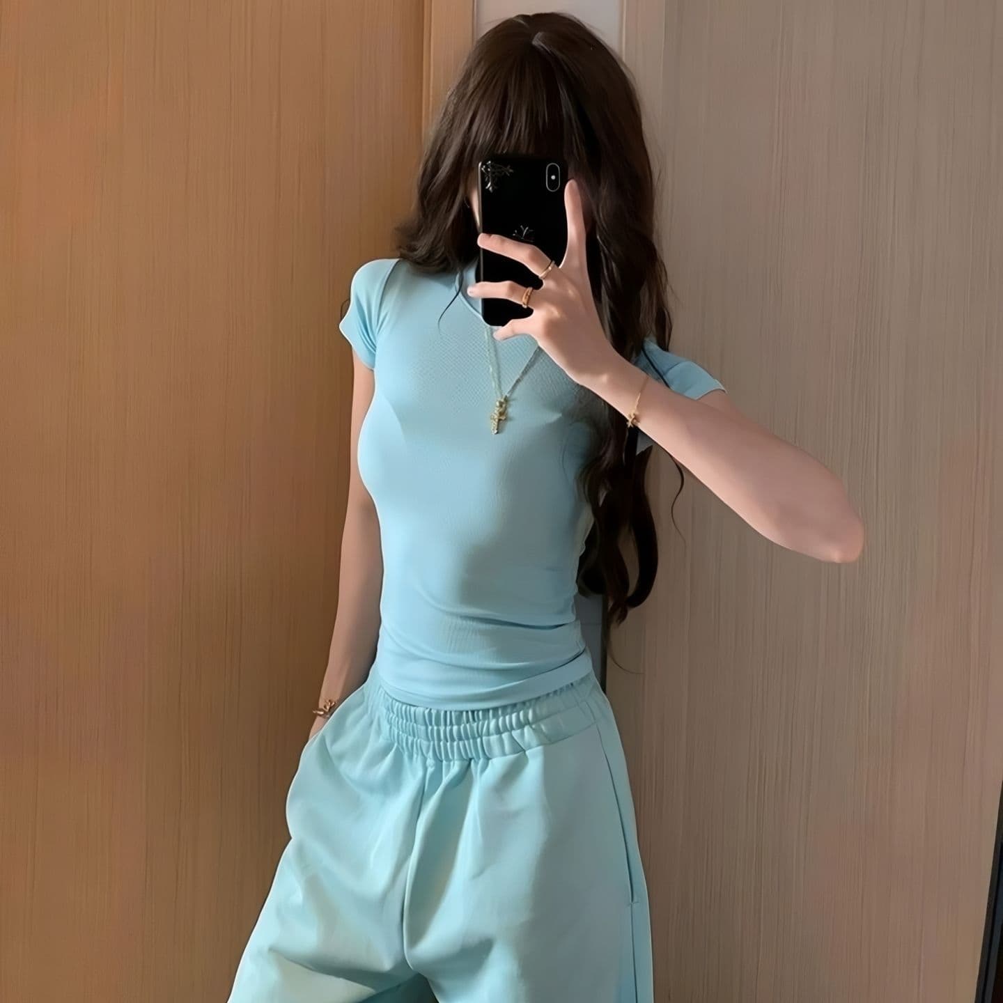 얇은 스타일 순면 복합 얼음 파란색 펌프 로프 단색 다용도 긴 바지 여름 새로운 웨이 바지 이미지 5