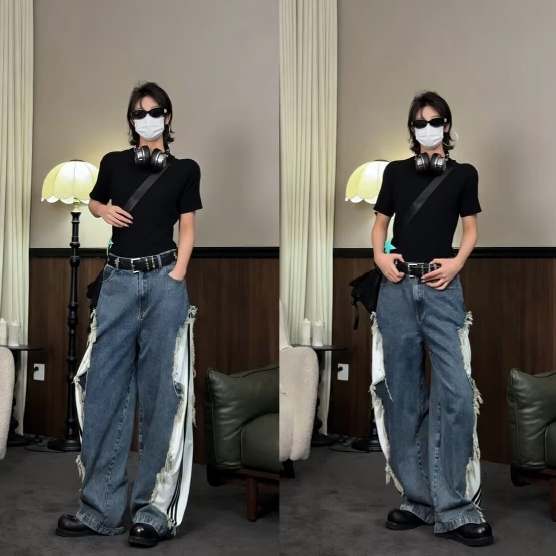 아메리칸 파괴 해체 거친 가장자리 스트라이프 패치워크 워크웨어 청바지 남자 넓은 다리 스트레이트 디자인 센스 커플 바지 이미지 2