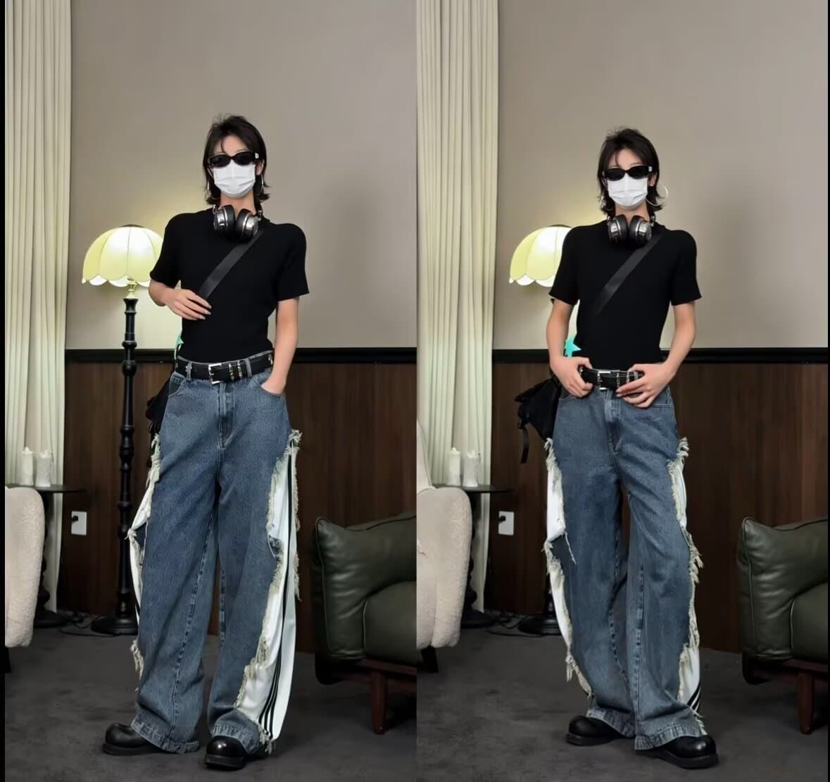 아메리칸 파괴 해체 거친 가장자리 스트라이프 패치워크 워크웨어 청바지 남자 넓은 다리 스트레이트 디자인 센스 커플 바지 상세 이미지 10