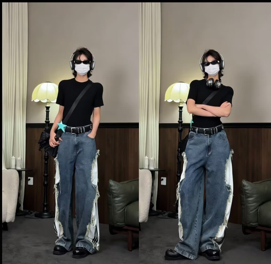 아메리칸 파괴 해체 거친 가장자리 스트라이프 패치워크 워크웨어 청바지 남자 넓은 다리 스트레이트 디자인 센스 커플 바지 상세 이미지 11