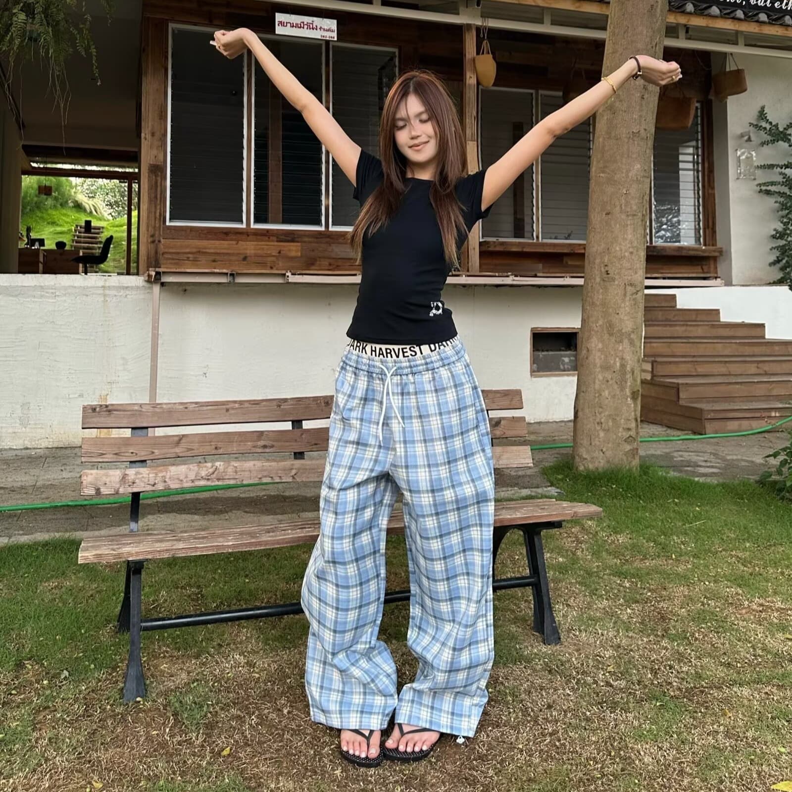 빨간색 체크무늬 펌프 로프 와이드 레그 팬츠 봄 가을 캐주얼 바지 아메리칸 느긋한 루즈핏 슬림해 보이는 하이웨이스트 스트레이트 긴 바지 이미지 5