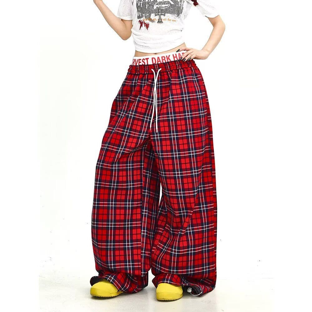 더블 허리 머리 체크무늬 캐주얼 바지 여름 바지 루즈핏 bf 느긋한 바람 아메리칸 스트레이트 긴 바지 새로운
