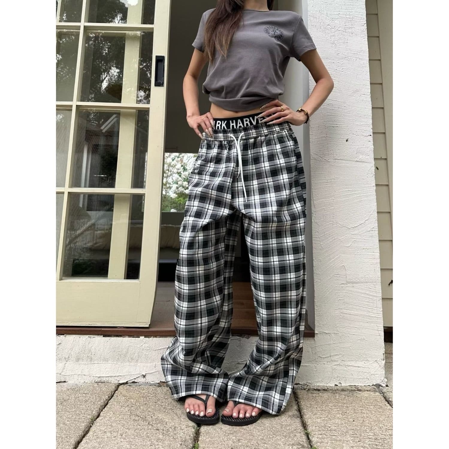 더블 허리 머리 체크무늬 캐주얼 바지 여름 바지 루즈핏 bf 느긋한 바람 아메리칸 스트레이트 긴 바지 새로운 이미지 2