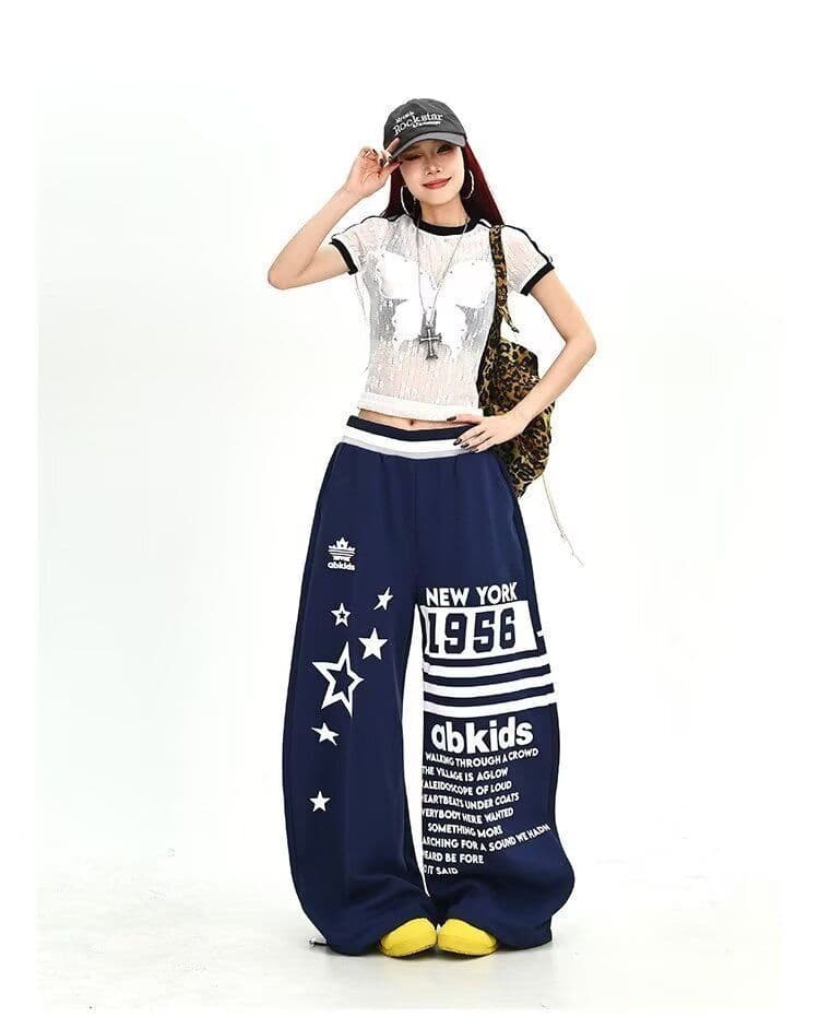 원본 것 아메리칸 리브 허리 알파벳 오각형 별 프린트 남녀 루즈핏 캐주얼 스트리트 댄스 넓은 다리 길이 바지 상세 이미지 41