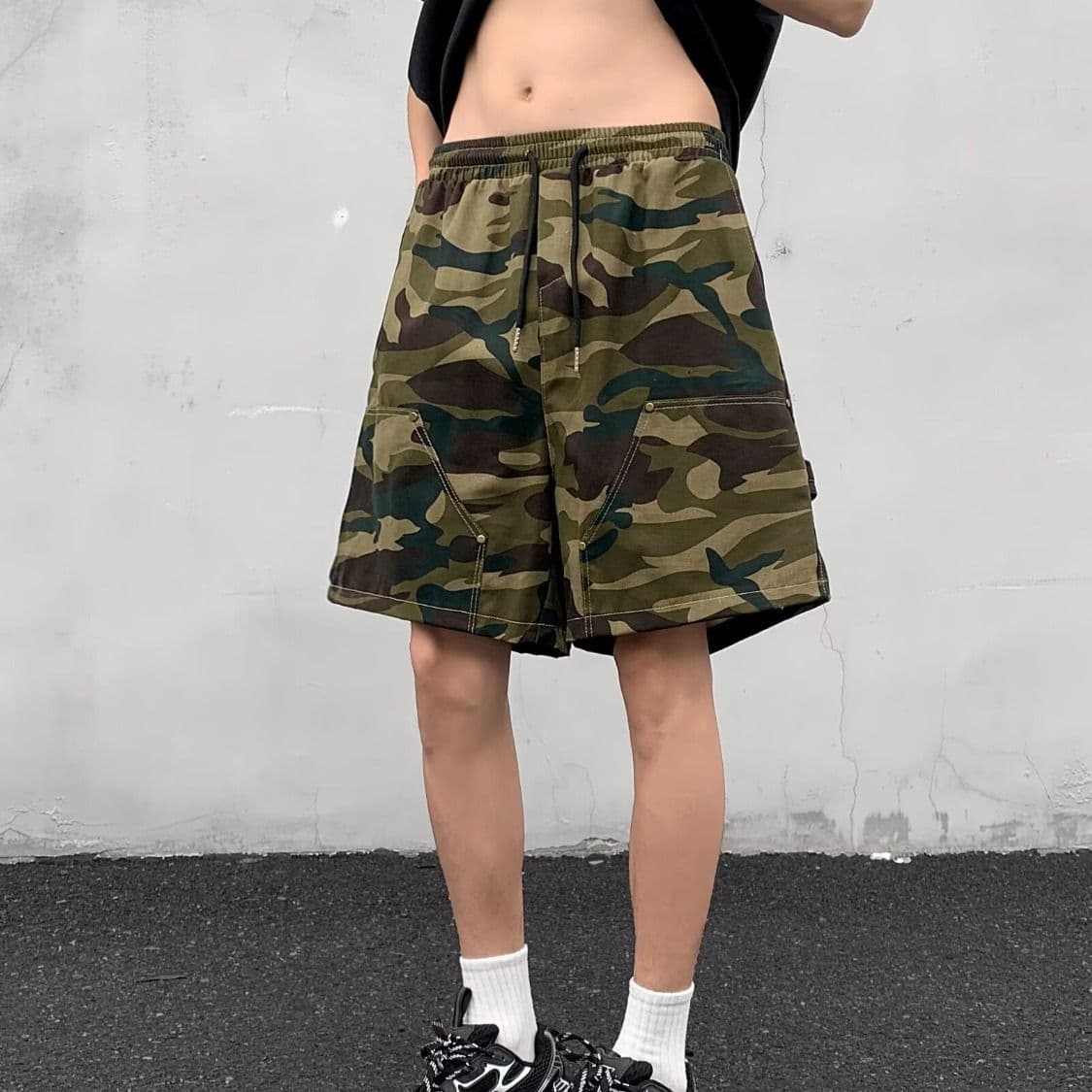 아메리칸 지에 센 회의 캐주얼 기타 주머니 워크웨어 반바지 남자 여름 루즈핏 스트레이트 거칠게 카모플라주 오부 바지 바지 이미지 2