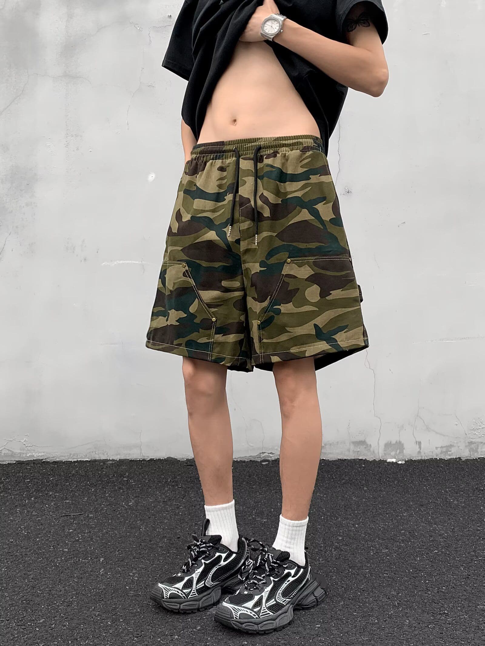 아메리칸 지에 센 회의 캐주얼 기타 주머니 워크웨어 반바지 남자 여름 루즈핏 스트레이트 거칠게 카모플라주 오부 바지 바지 상세 이미지 4