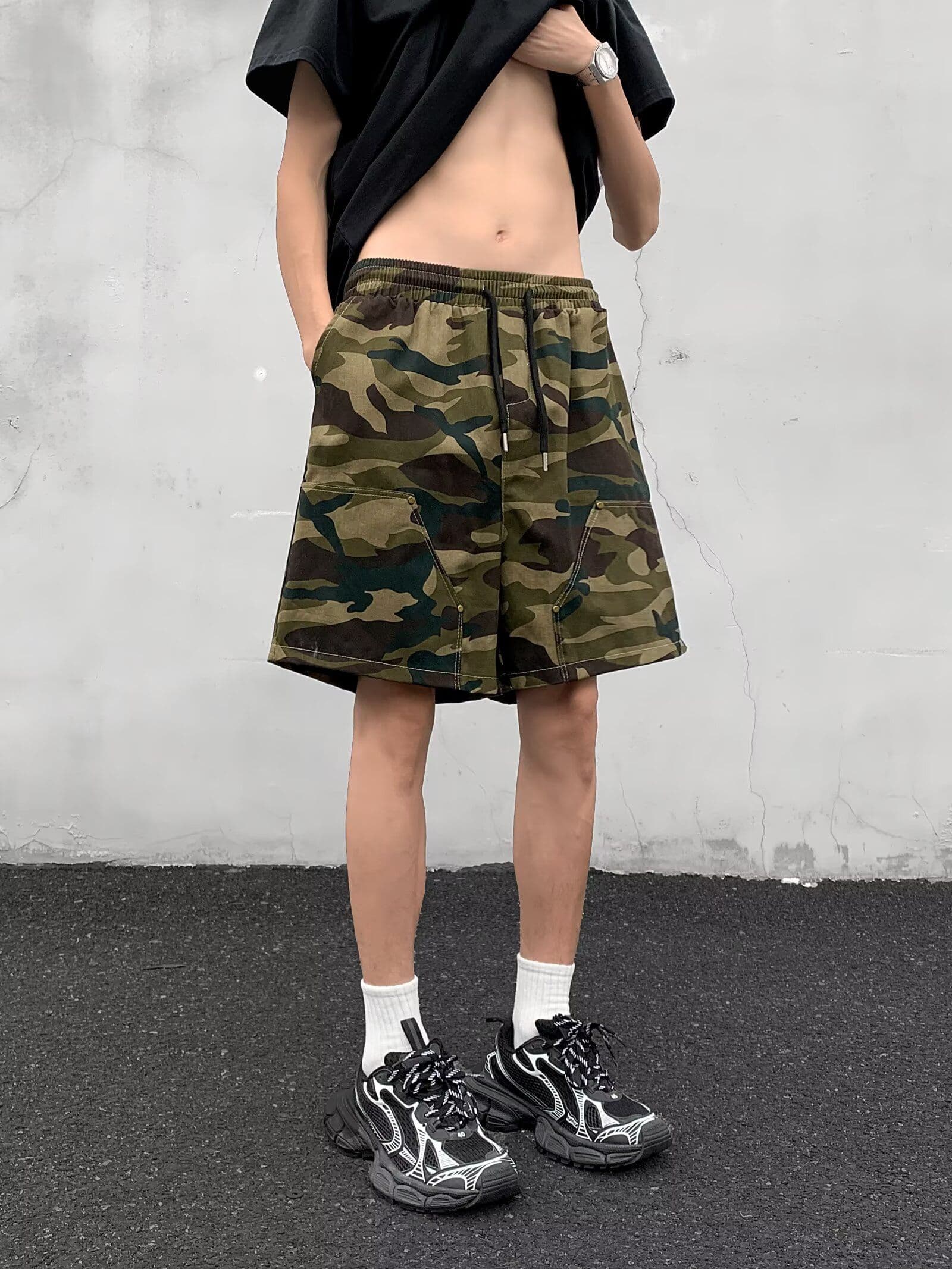 아메리칸 지에 센 회의 캐주얼 기타 주머니 워크웨어 반바지 남자 여름 루즈핏 스트레이트 거칠게 카모플라주 오부 바지 바지 상세 이미지 8