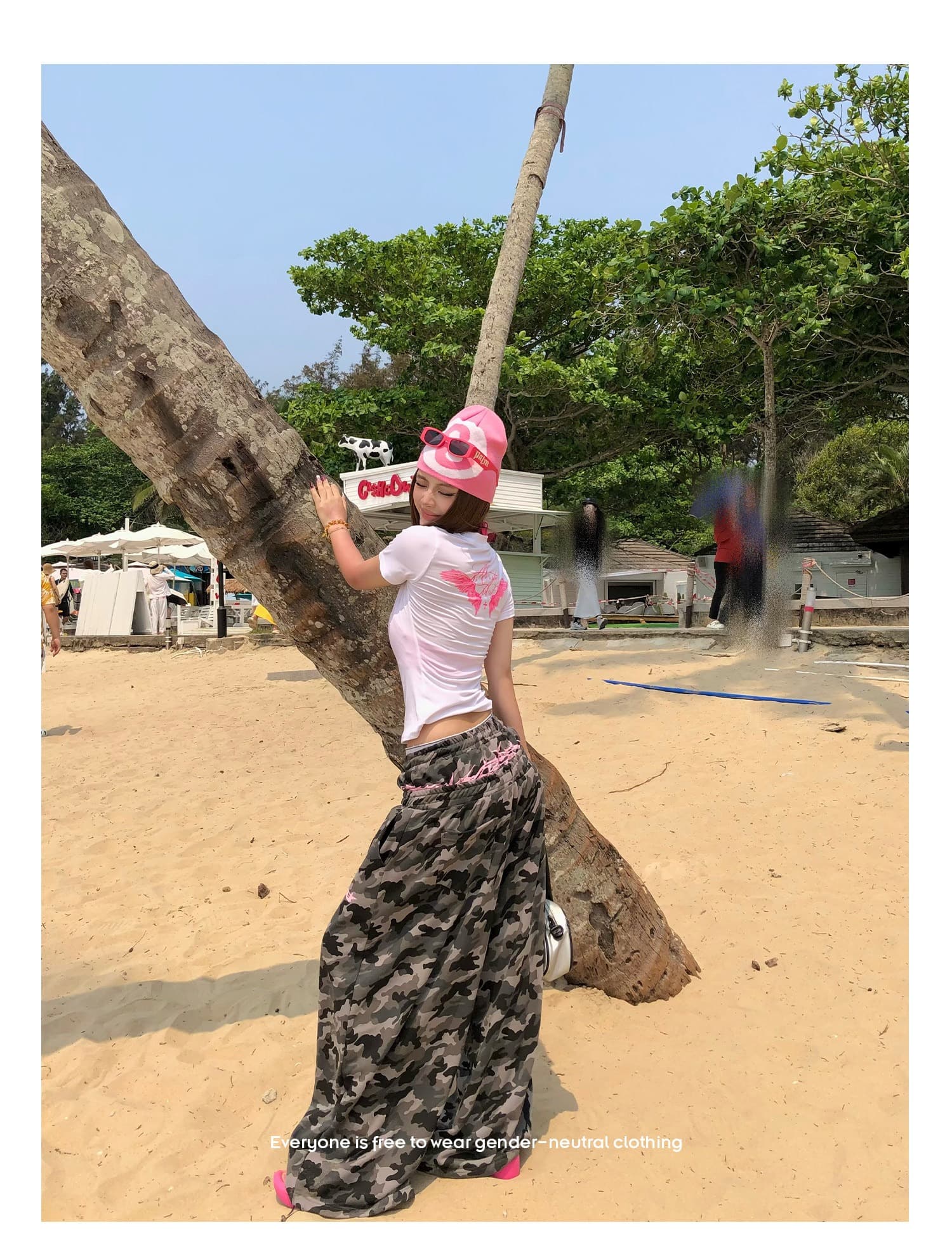 배색 알파벳 프린트 넓은 다리 카모플라주 웨이 바지 여름 남녀 루즈핏 캐주얼 스트레이트 긴 바지 상세 이미지 2