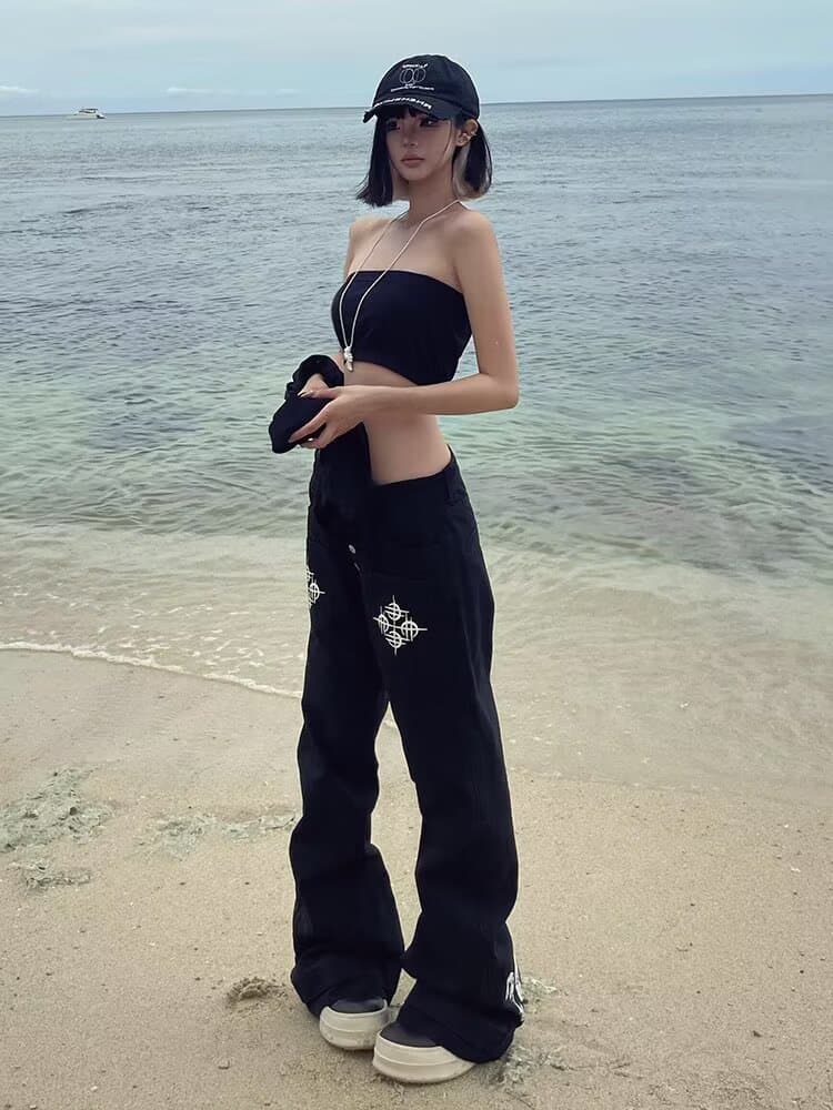 느긋한 트렌드 하라주쿠 품격 문예 다용도 패션 새로운 미니멀리즘 프린트 더블 바지 단추 모통이 칼 청바지 상세 이미지 7