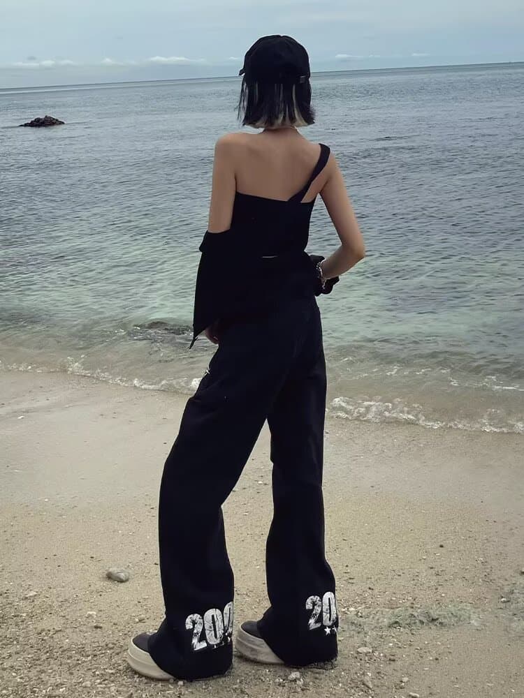 느긋한 트렌드 하라주쿠 품격 문예 다용도 패션 새로운 미니멀리즘 프린트 더블 바지 단추 모통이 칼 청바지 이미지 4