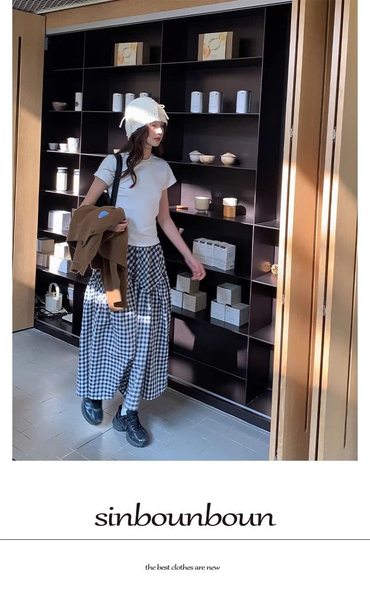 빨간색 체크무늬 반신 스커트 여성 새로운 슬림해 보이는 A라인 스커트 여름 루즈핏 패치워크 큰 진자 우산 치마 상세 이미지 8