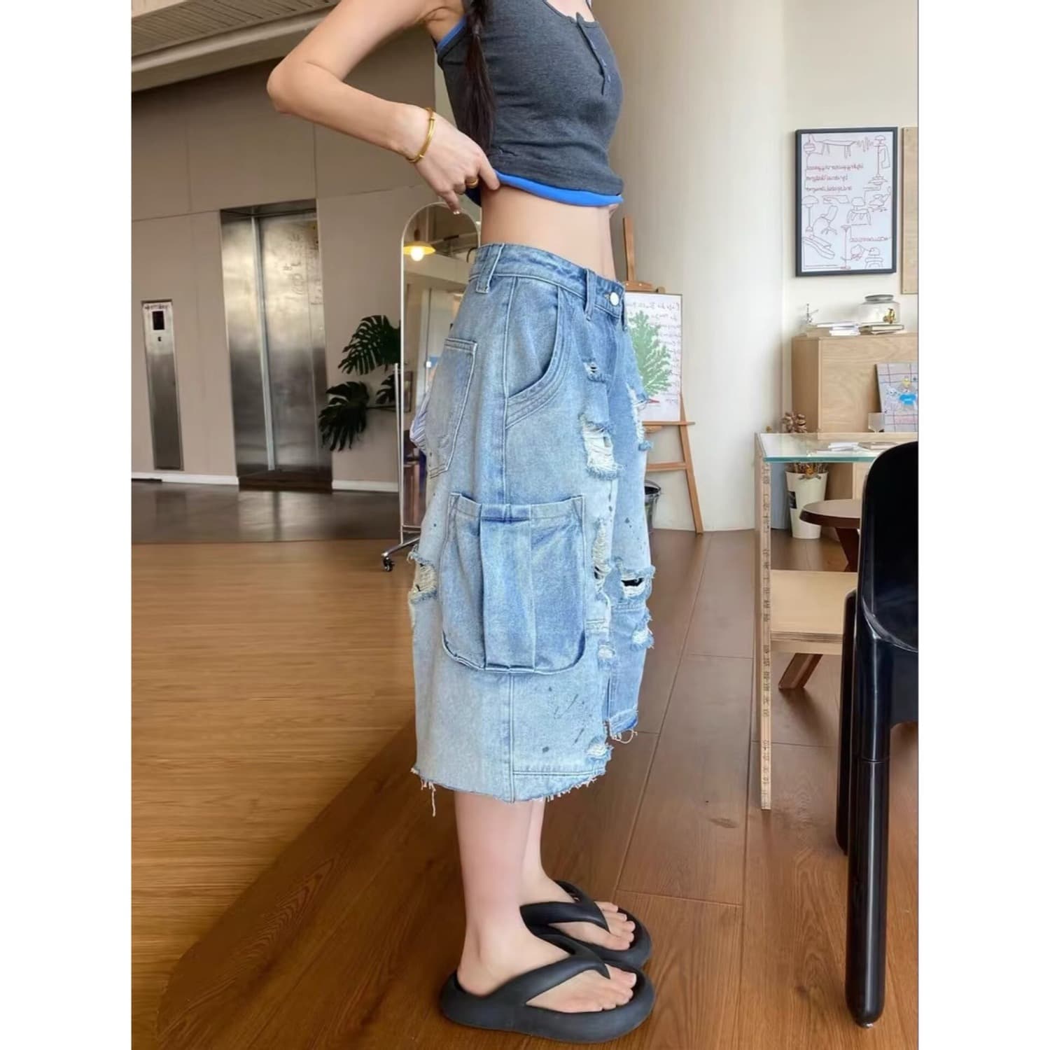 일본식 레트로 불모지 바람 찢어진 부분 청바지 남자 루즈핏 넓은 다리 스트레이트 벌채 반출 워크웨어 팬츠 악당 잘 생긴 7부 바지 이미지 3