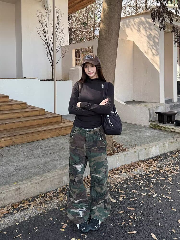 아메리칸 레트로 카모플라주 워크웨어 팬츠 남자 조수 브랜드 악당 잘 생긴 높음 거리 디자인 센스 작은 대중 캐주얼 슬림해 보이는 넓은 다리 스트레이트 팬츠 상세 이미지 3