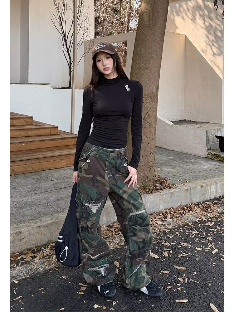 아메리칸 레트로 카모플라주 워크웨어 팬츠 남자 조수 브랜드 악당 잘 생긴 높음 거리 디자인 센스 작은 대중 캐주얼 슬림해 보이는 넓은 다리 스트레이트 팬츠 상세 이미지 15