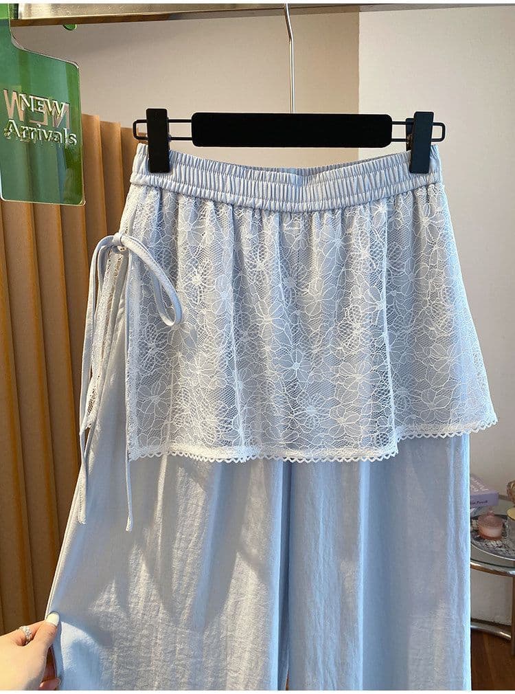 광저우 품질 3 차원 허리 머리 빅 사이즈 200 kg 레이스 랩스커트팬츠 여성 와이드 레그 팬츠 루즈핏 캐주얼 바지 스트레이트 팬츠 여성 상세 이미지 3