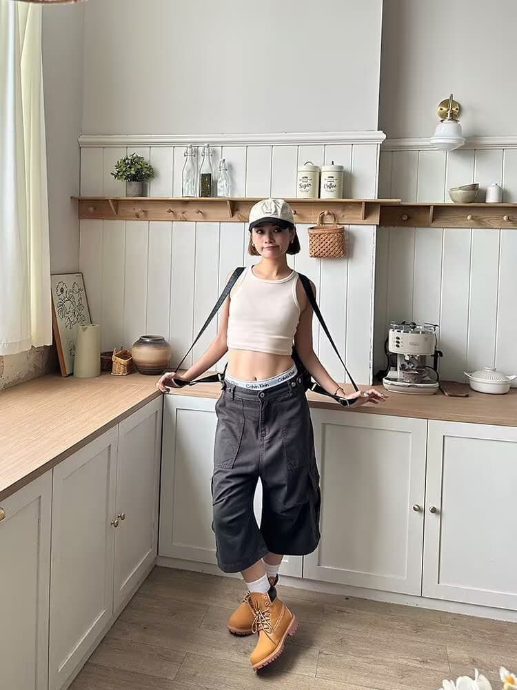 카키 색 워크웨어 7부 바지 여름 얇은 스타일 아메리칸 루즈핏 스트레이트 반바지 조수 브랜드 넓은 다리 무릎 아래 캐주얼 바지 상세 이미지 34