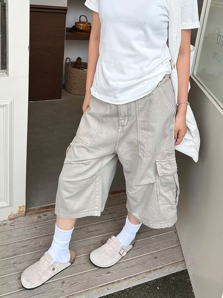 카키 색 워크웨어 7부 바지 여름 얇은 스타일 아메리칸 루즈핏 스트레이트 반바지 조수 브랜드 넓은 다리 무릎 아래 캐주얼 바지 상세 이미지 37