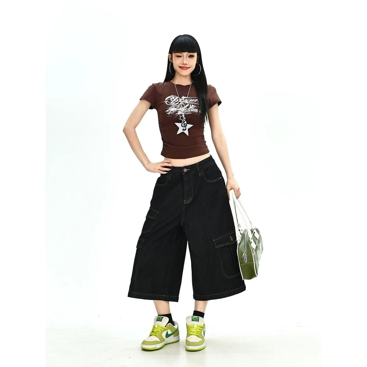 아메리칸 레트로 워크웨어 바람 기타 주머니 데님 바지 거리 세련된 센스 루즈핏 7부 바지 이미지 5