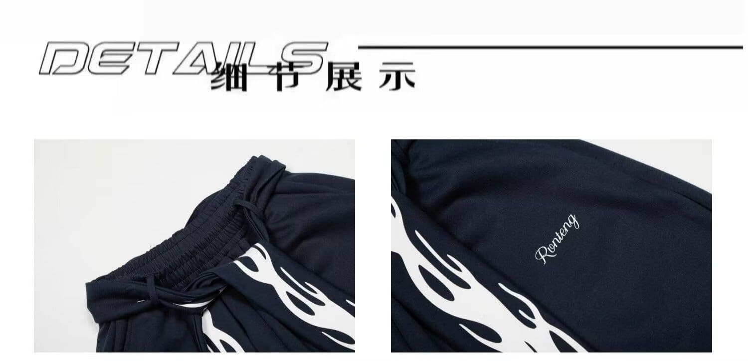 패션 트렌디 사람들 주 아메리칸 레트로 불꽃 리본 알파벳 캐주얼 웨이 바지 남녀 거리 스트레이트 넓은 다리 길이 바지 여름 상세 이미지 8
