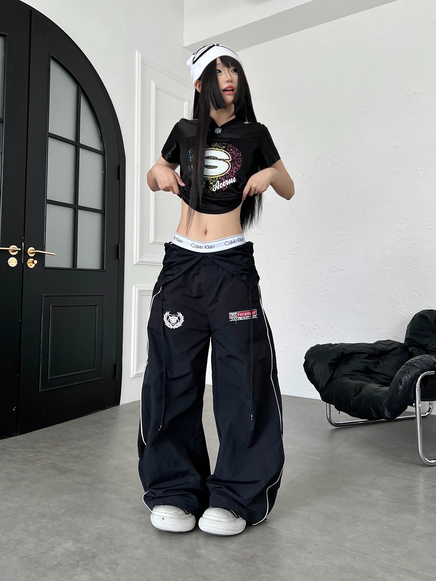 아메리칸 메쉬 패치워크 뒤집다 측면 넓은 다리 모통이 칼 바지 루즈핏 캐주얼 재즈 댄스 롱 바지 상세 이미지 19
