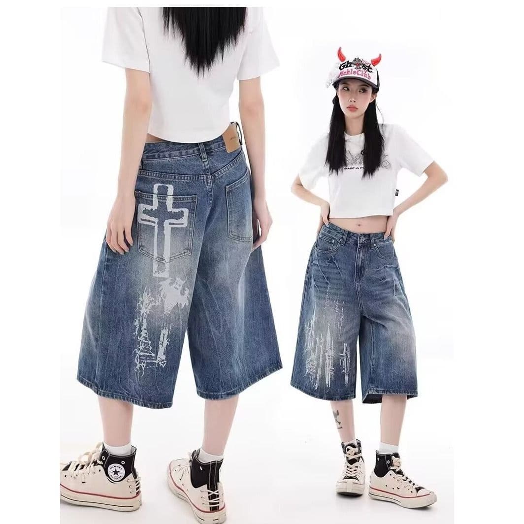 7부 바지 청바지 워싱 찢어진 부분 국가 트렌디 반바지 문예 느긋한 없음 다용도 새로운 트렌드 패션
