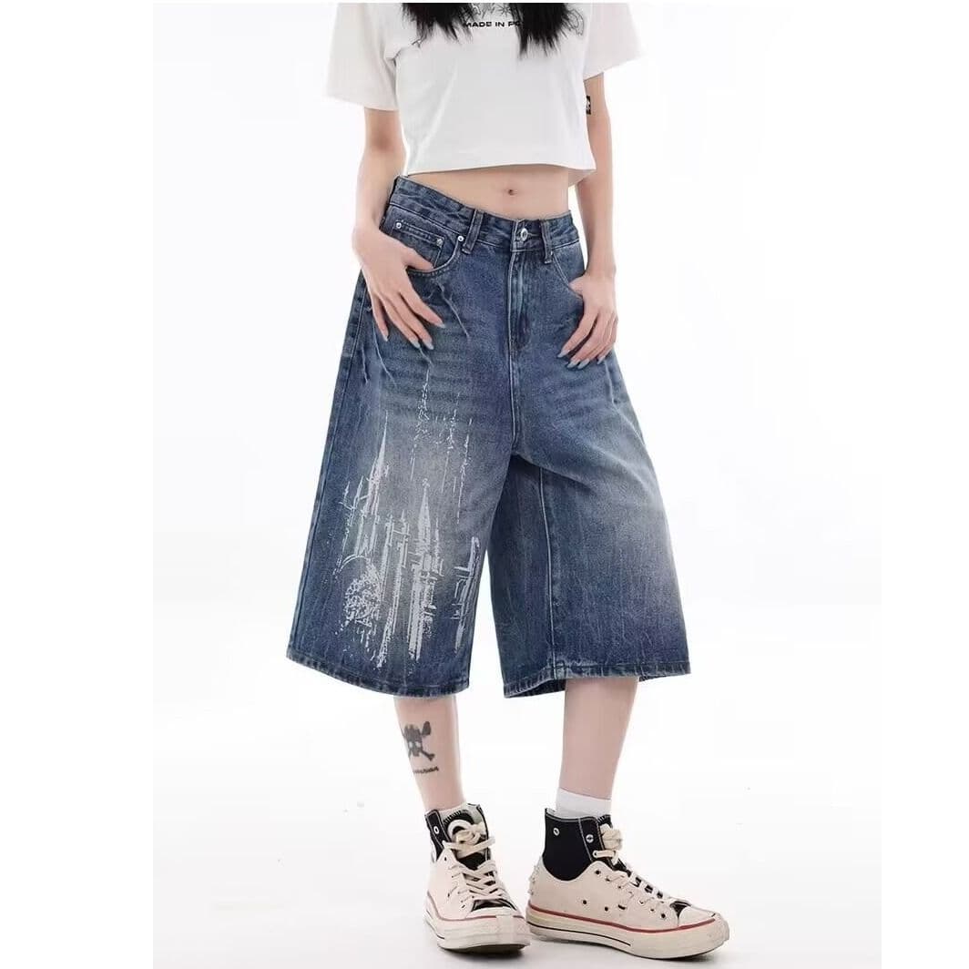 7부 바지 청바지 워싱 찢어진 부분 국가 트렌디 반바지 문예 느긋한 없음 다용도 새로운 트렌드 패션 이미지 5