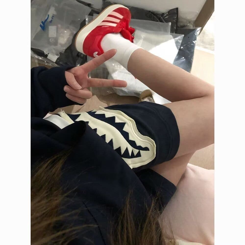 원본 홀치기 염색 공예 상어 오픈 토 패치 반바지 남녀 조수 브랜드 캐주얼 스트레이트 팬츠 운동 웨이 바지 오부 바지