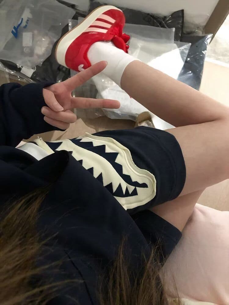 원본 홀치기 염색 공예 상어 오픈 토 패치 반바지 남녀 조수 브랜드 캐주얼 스트레이트 팬츠 운동 웨이 바지 오부 바지 상세 이미지 2