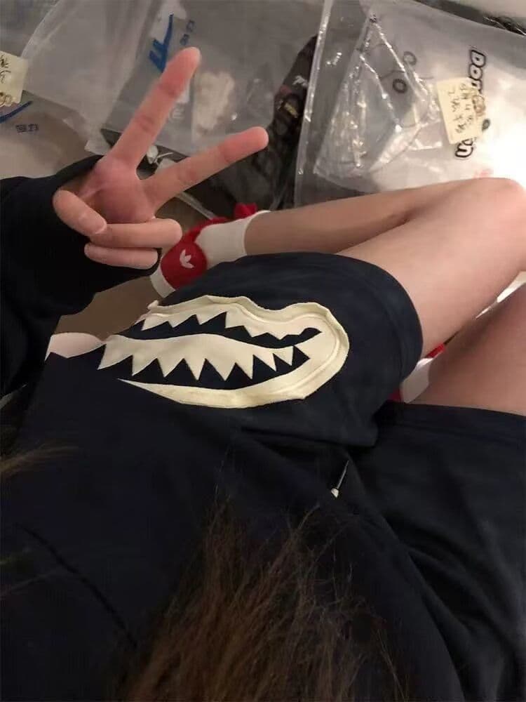 원본 홀치기 염색 공예 상어 오픈 토 패치 반바지 남녀 조수 브랜드 캐주얼 스트레이트 팬츠 운동 웨이 바지 오부 바지 상세 이미지 7