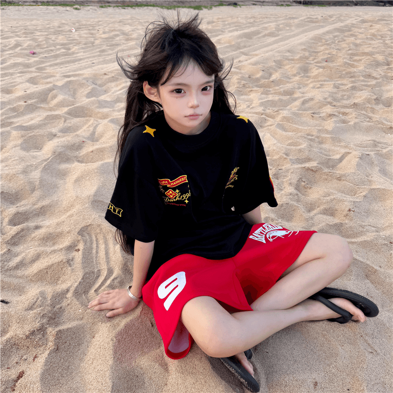 여름 루즈핏 넓은 다리 다용도 펌프 로프 오부 바지 아메리칸 알파벳 프린트 운동 캐주얼 반바지 남녀 이미지 4
