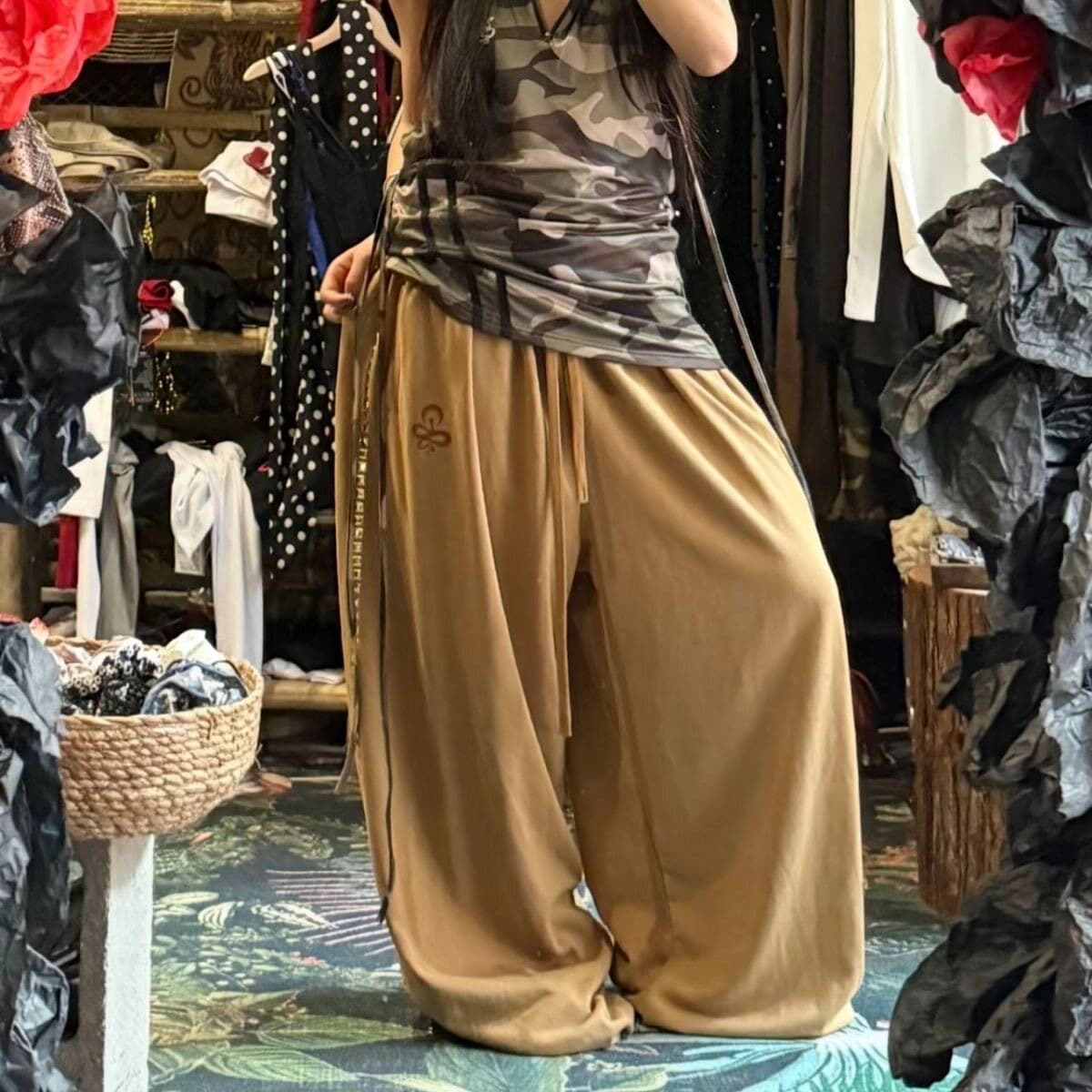 후아 면 복합 핫픽스 자수 징 운동 바람 와이드 레깅스 바지 루즈핏 캐주얼 바지 펌프 로프 핫걸 긴 바지 상세 이미지 4