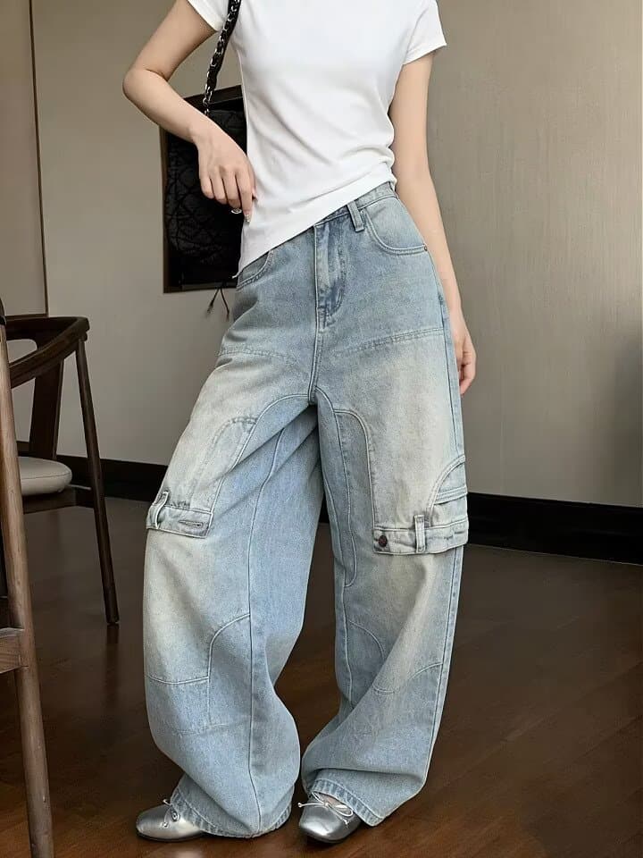 아메리칸 레트로 조수 브랜드 마 오래된 무거운 워싱 기타 주머니 워크웨어 팬츠 남자 루즈핏 넓은 다리 청바지 바닥 청소 긴 바지 상세 이미지 2