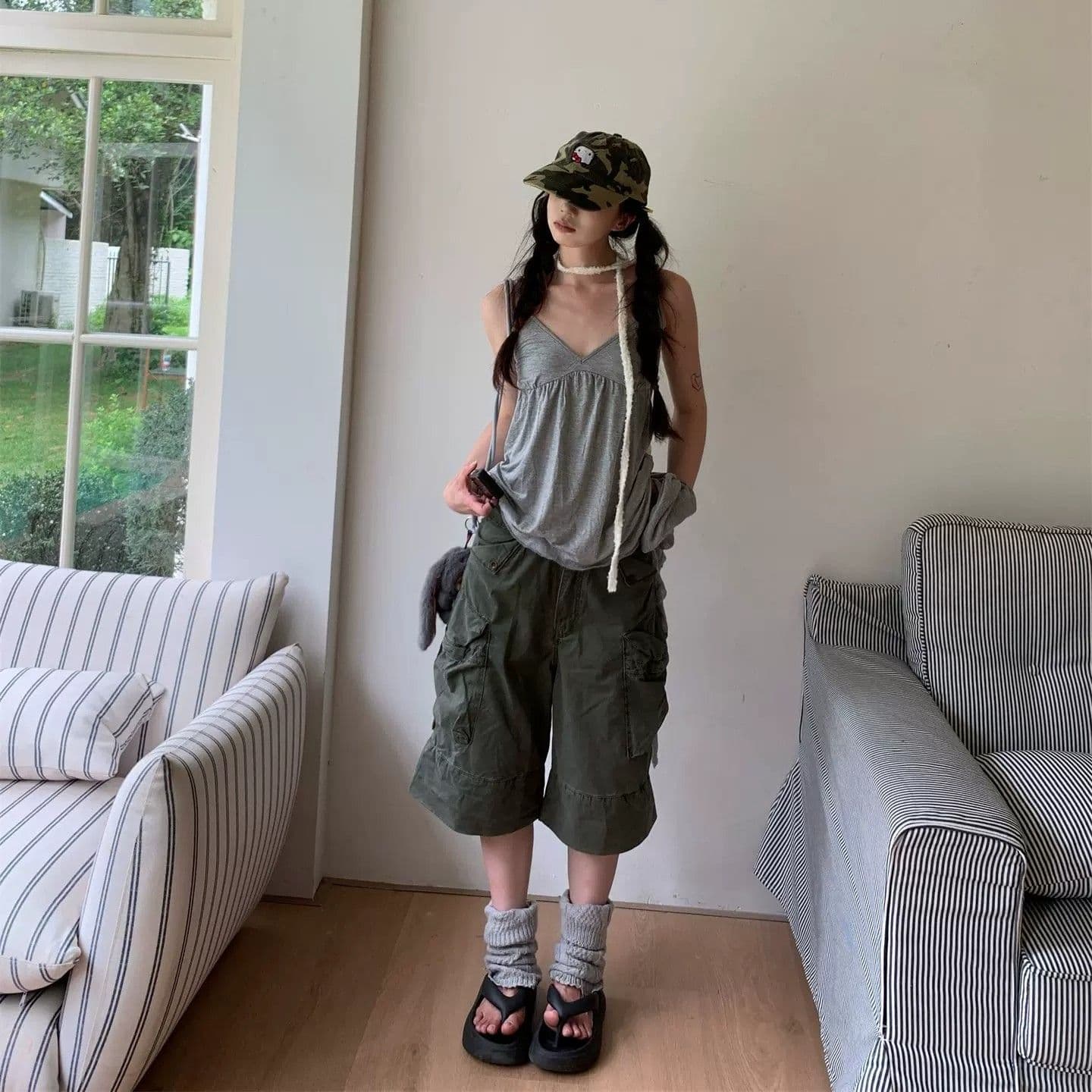 아메리칸 새로운 개념 레트로 워싱 마 오래된 주머니 워크웨어 7부 바지 여성 여름 루즈핏 캐주얼 넓은 다리가 짧다. 바지 이미지 5