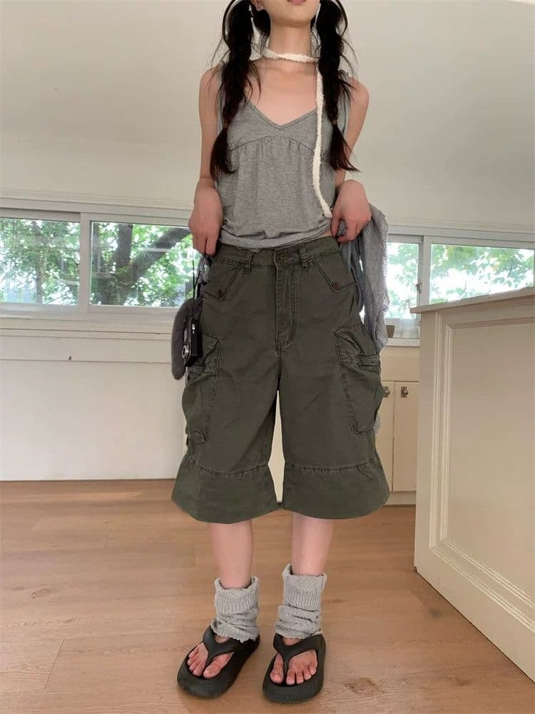 아메리칸 새로운 개념 레트로 워싱 마 오래된 주머니 워크웨어 7부 바지 여성 여름 루즈핏 캐주얼 넓은 다리가 짧다. 바지 상세 이미지 4