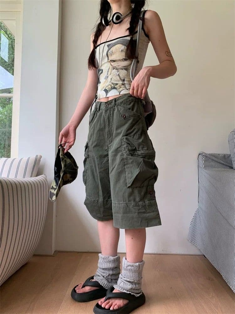 아메리칸 새로운 개념 레트로 워싱 마 오래된 주머니 워크웨어 7부 바지 여성 여름 루즈핏 캐주얼 넓은 다리가 짧다. 바지 상세 이미지 6
