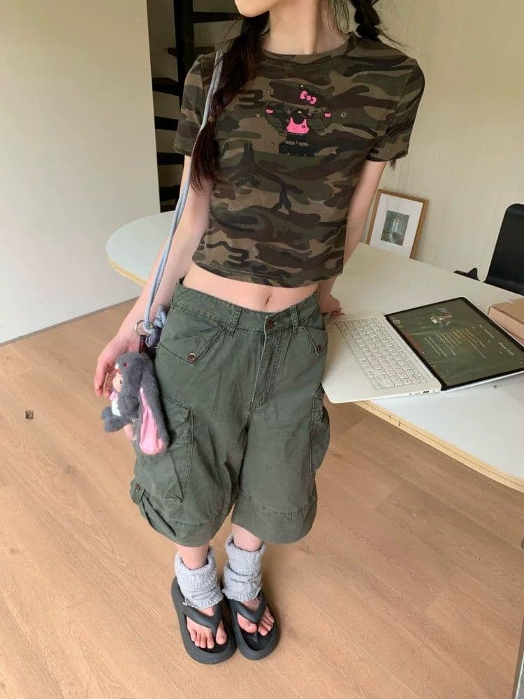 아메리칸 새로운 개념 레트로 워싱 마 오래된 주머니 워크웨어 7부 바지 여성 여름 루즈핏 캐주얼 넓은 다리가 짧다. 바지 상세 이미지 8