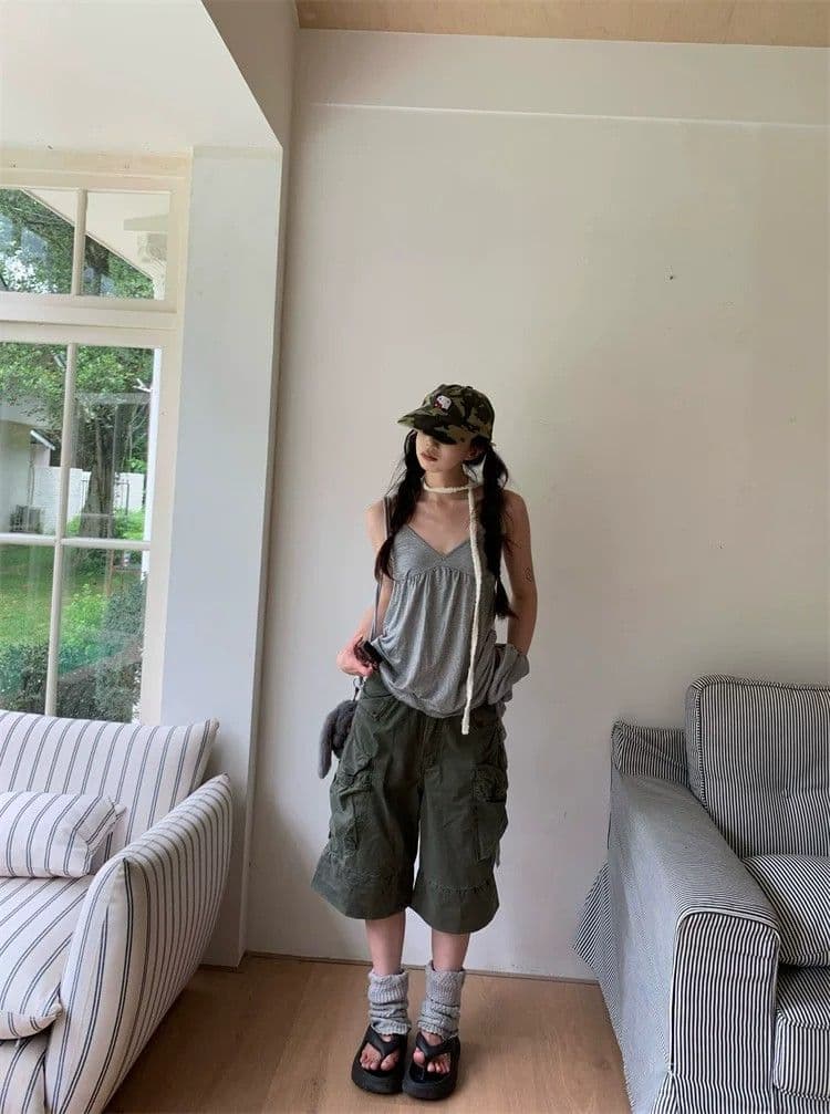 아메리칸 새로운 개념 레트로 워싱 마 오래된 주머니 워크웨어 7부 바지 여성 여름 루즈핏 캐주얼 넓은 다리가 짧다. 바지 상세 이미지 14