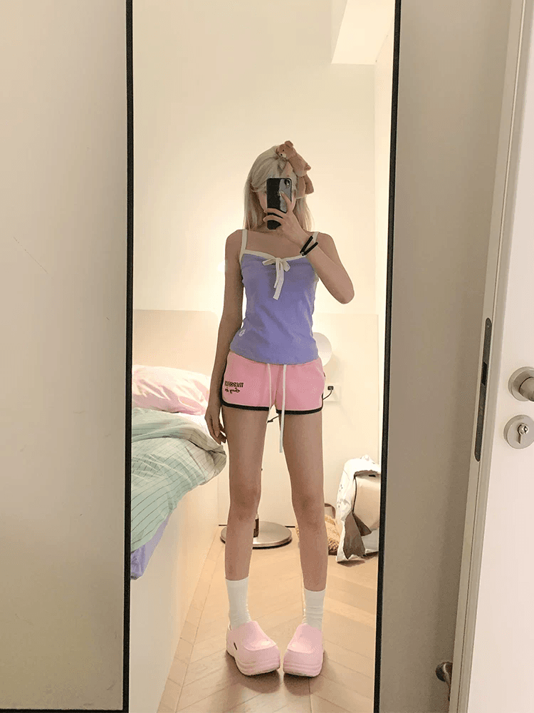 아메리칸 자수 펌프 로프 허리밴드 3 점 바지 여성 핫걸 여름 캐주얼 운동 요가 편안함 반바지 이미지 3