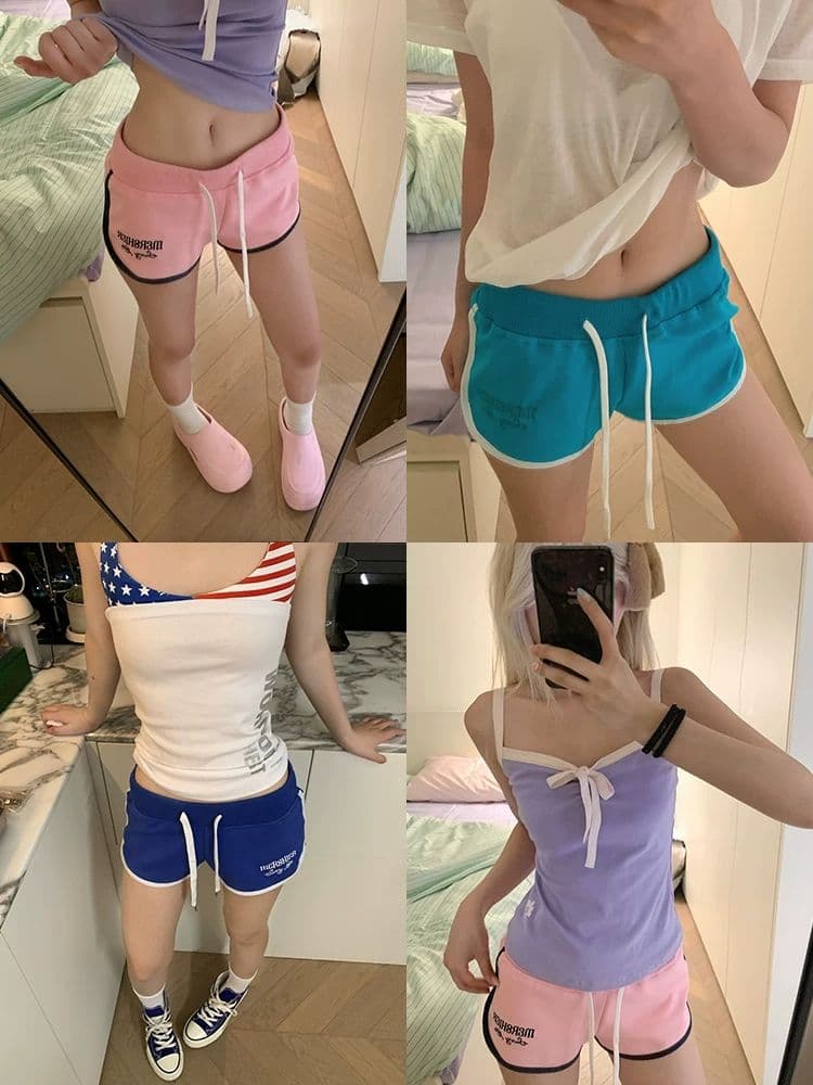 아메리칸 자수 펌프 로프 허리밴드 3 점 바지 여성 핫걸 여름 캐주얼 운동 요가 편안함 반바지